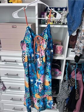 PatPat Blue Floral Stitch Strapless Sundress with Orange Ties